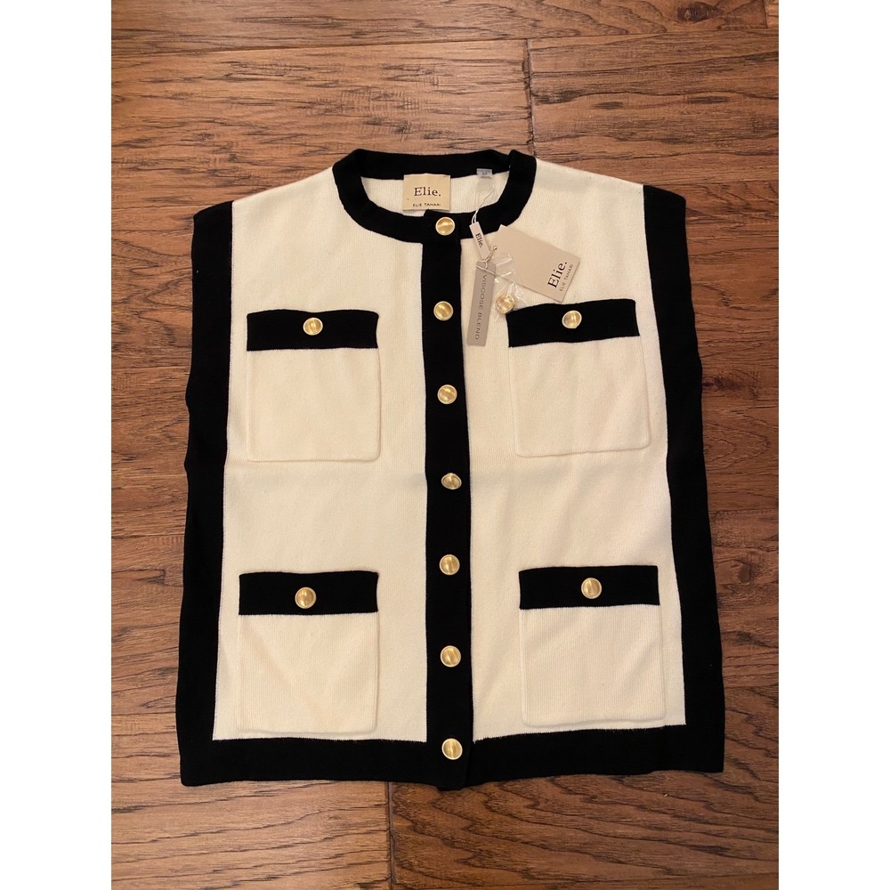 Elie Elie Tahari Colorblock Knit Sweater Vest Gold Button Cream Black Small NEW